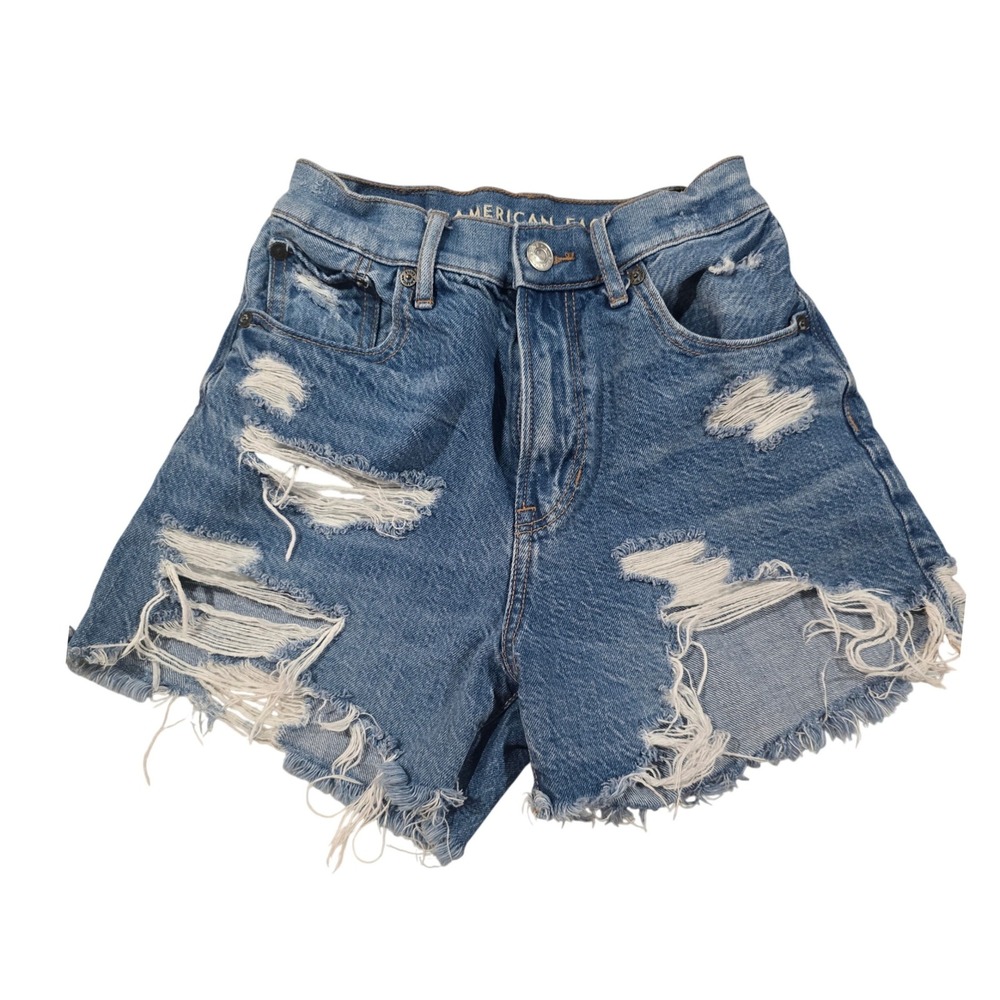 American Eagle 00 Medium Wash High Rise Raw Edgy Distressed 90s Boyfriend Shorts